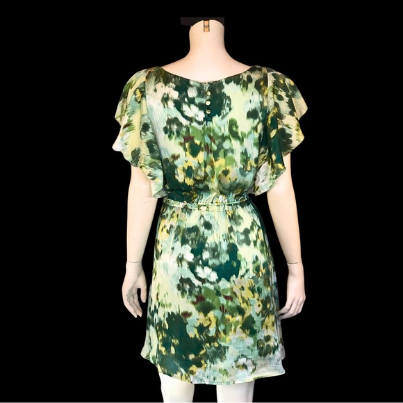 H&M Green Abstract WATERCOLOUR Silky Flutter Sleeve Spring Mini Dress 6 - Picture 8 of 8